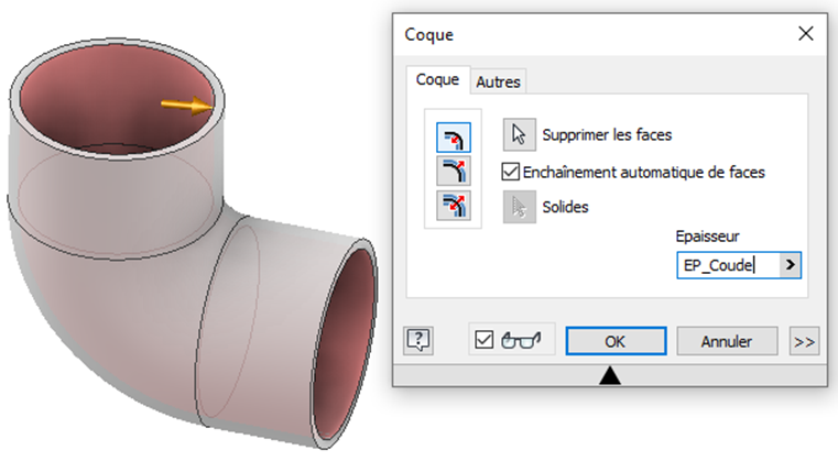 Utilisez la fonction coque afin de vider le coude en utilisant le parametre ‘’EP_Coude’’.